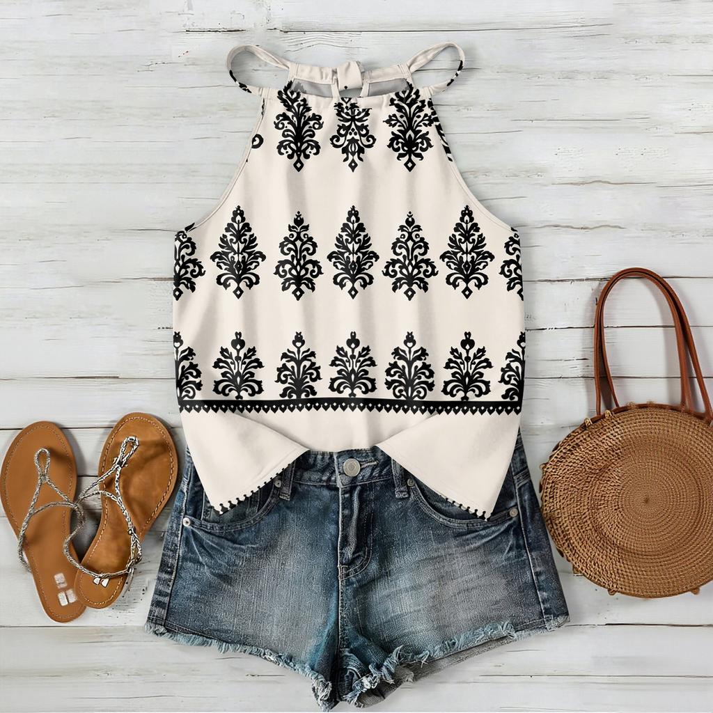 Women Sleeveless Bohemian Tank Top Geometric Print Casual Summer Beachwear Lightweight Blouse with Adjustable Straps and Back Button Closure