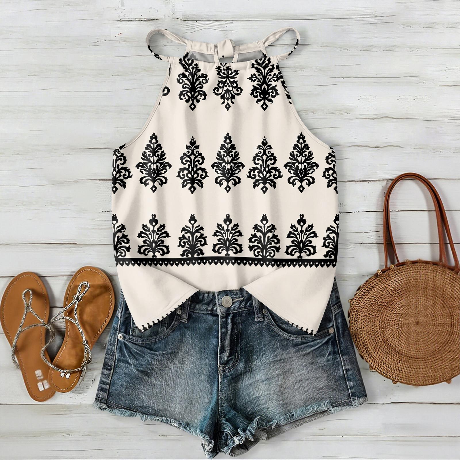 

Women Sleeveless Bohemian Tank Top Geometric Print Casual Summer Beachwear Lightweight Blouse with Adjustable Straps and Back Button Closure XL бежевий