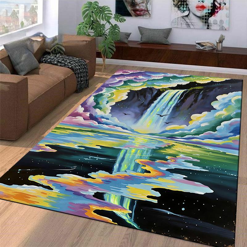 Colorful Waterfall Landscape Carpet with Starry Sky and Clouds Design Suitable for Use As an Anti-slip for Living Room Bedroom Sofas