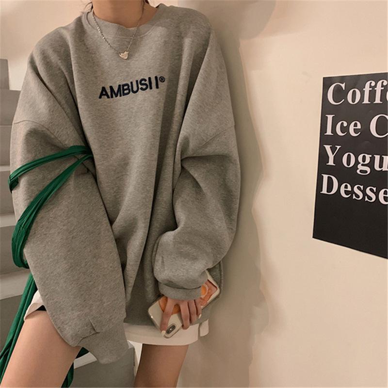 Women's Letter Printed Thick O-neck Sweatshirt Student Loose Oversize Long Sleeve Autumn Winter Warm Pullover Hoodie