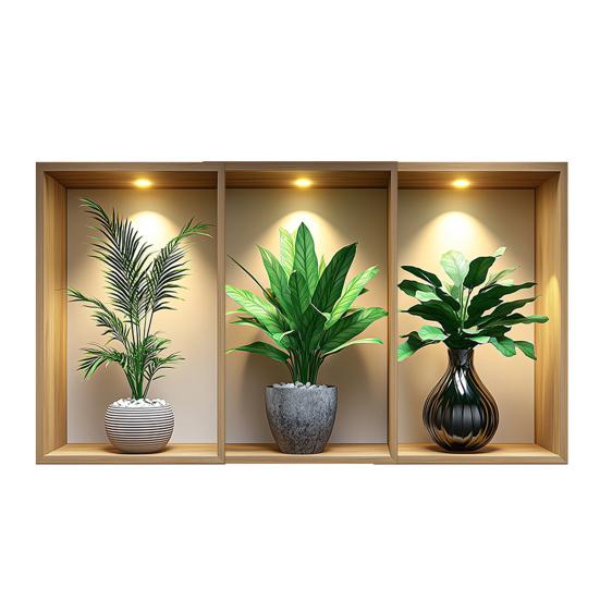 3Pcs 3D Flower Wall Stickers, Realistic Flowers Vase Wall Decals, Waterproof Self-Adhesive Potted Plants Stickers, Greenery Wall Stickers for Living
