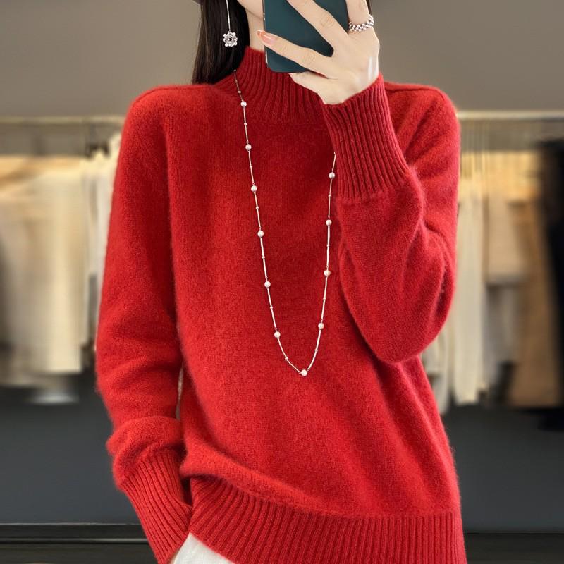 Women's Pure Wool Loose Knit Pullover - Long Sleeve, Half-High Collar, Solid Color Sweater Top