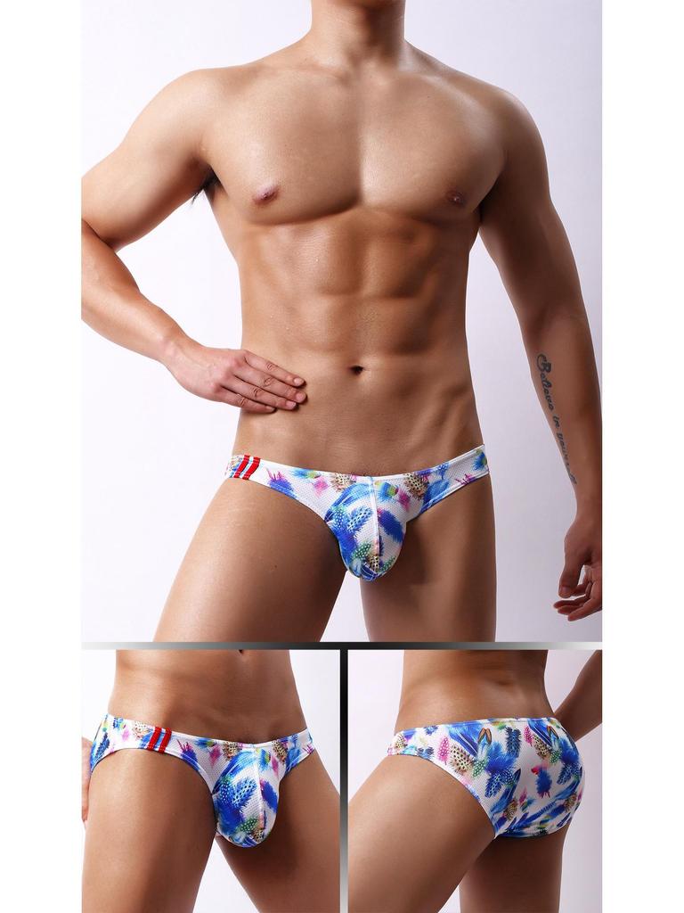 Pánské slipy s nízkým pasem, U konvexním střihem a potiskem v evropském a americkém stylu - Prodyšné, odvádějící vlhkost, trojúhelníkový design (E073)