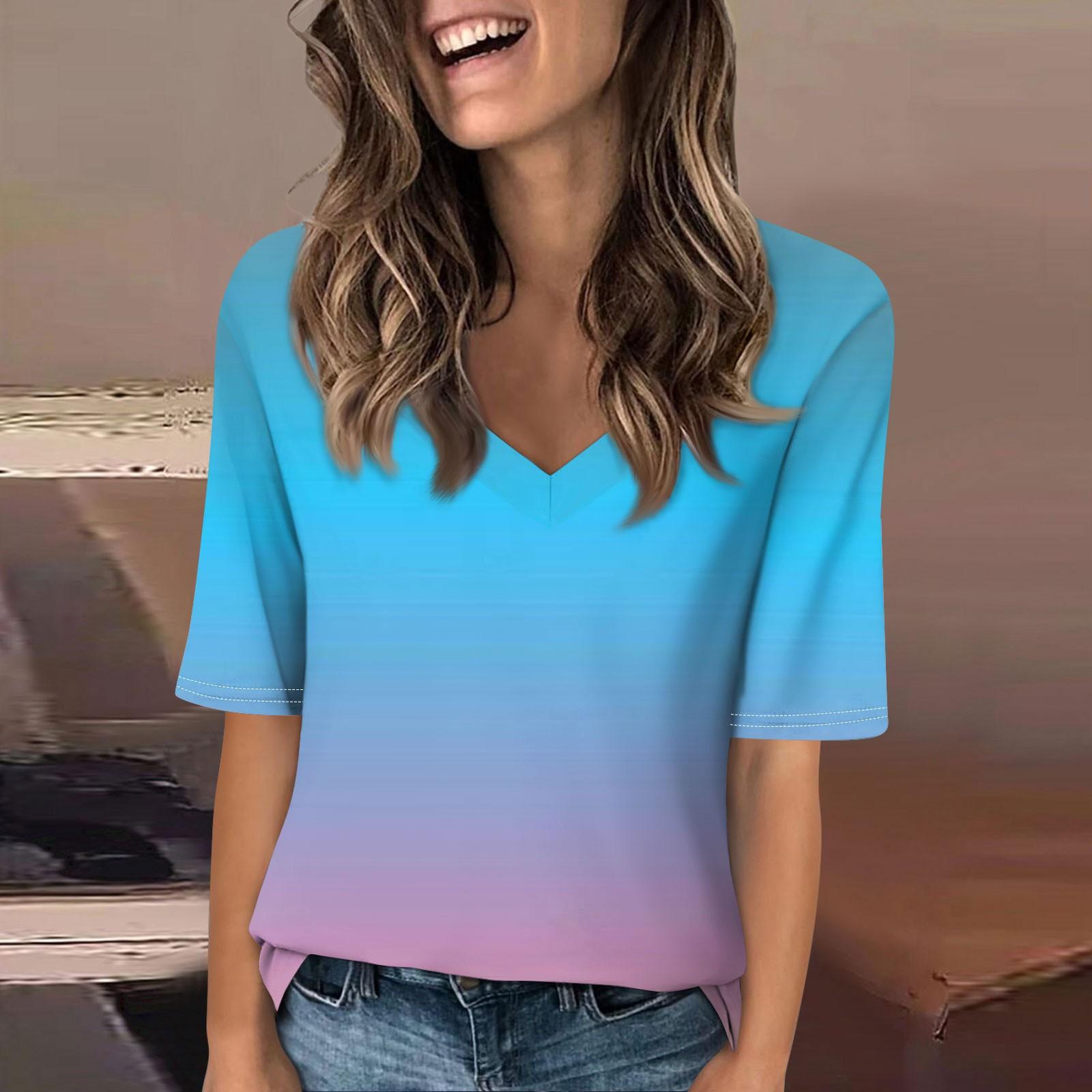 

Рубашки для женщин, модные футболки с v-образным вырезом, повседневные летние футболки с принтом, футболка, блузка, топы с короткими рукавами для женщин L синий