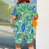 Women Plus Size Green Printed Round Neck Short Sleeve Top Fitted Shorts Two Piece Set