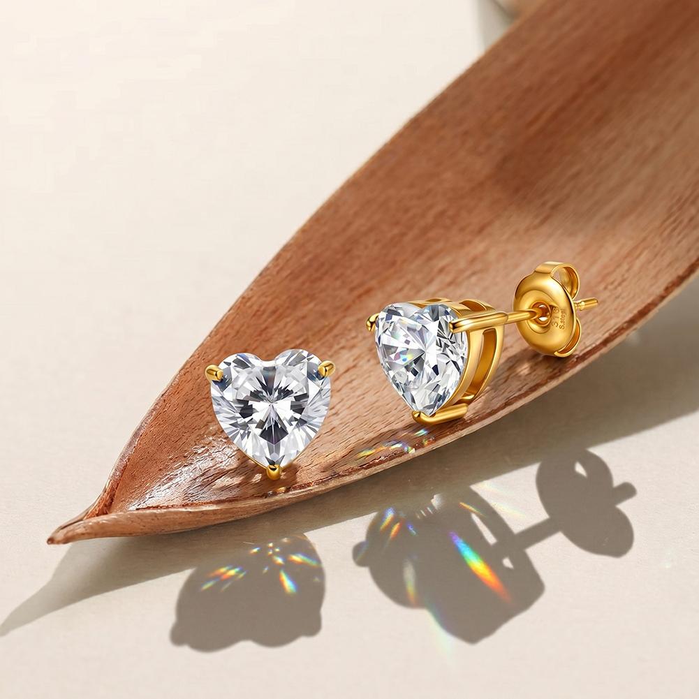 HTKE13 316L Stainless Steel 18K Gold Plated Heart Cut Cubic Zirconia Stud Earrings Hypoallergenic Solitaire Earrings for Women