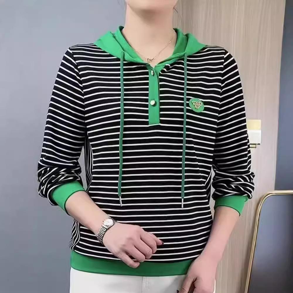 New T-shirt for Women's Fashionable Thin Versatile Striped Hooded Long-sleeved Top Spring and Autumn Striped Sweatshirt
