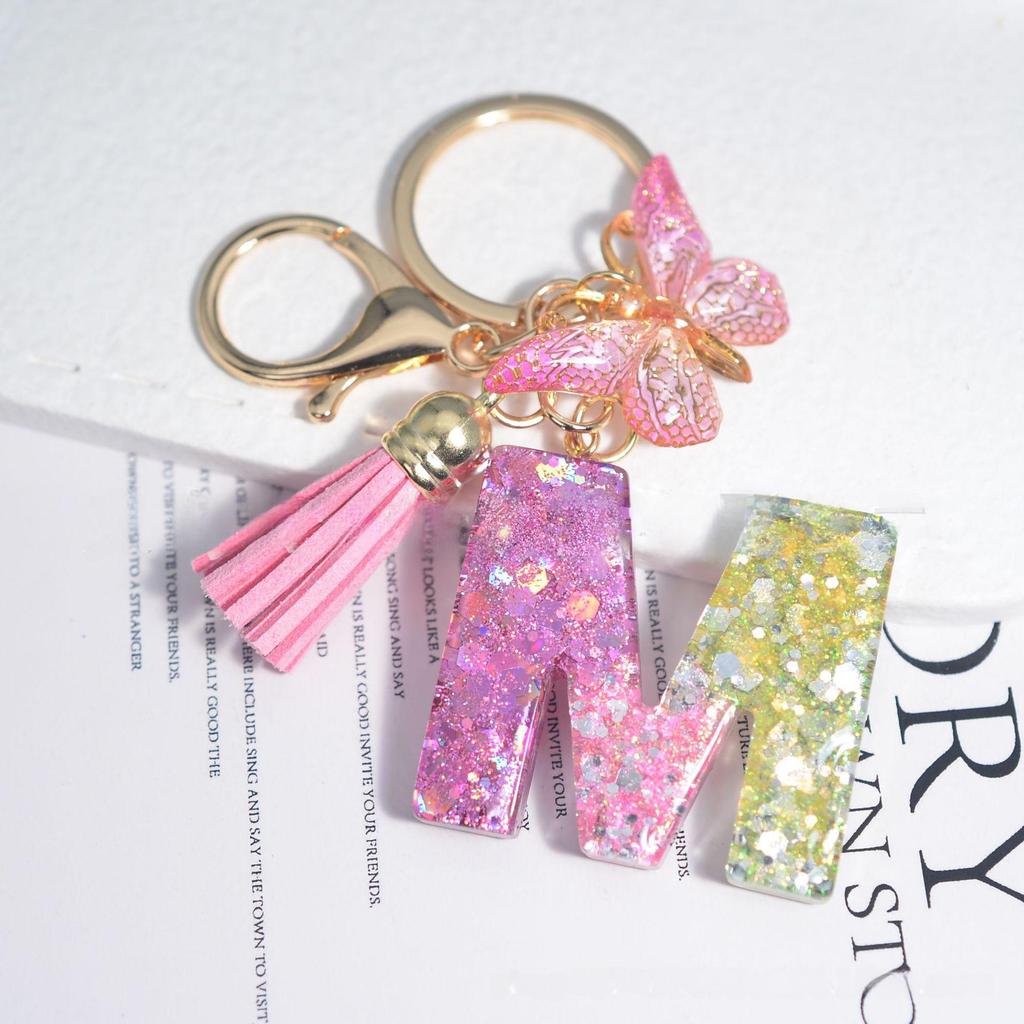 New Sparkling Sequin Initial Keychain with Butterfly Tassel & Crystal Accents