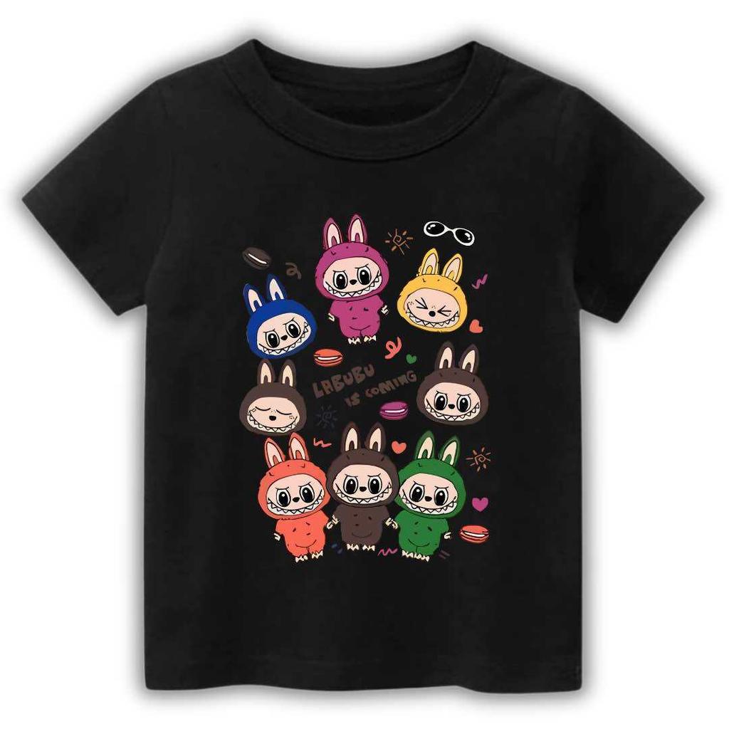 2025 New Children's T-shirt Cartoon Style Multiple LABUBU Printed Round Neck Short Sleeve Casual Girls' Top
