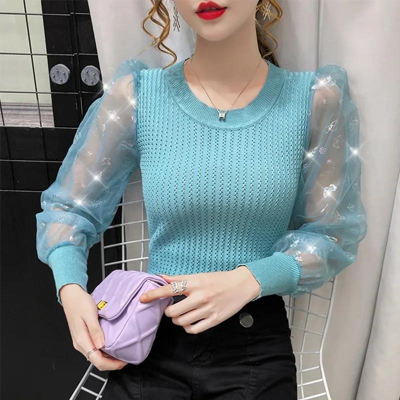 

Женская весенне-осенняя рубашка с длинными рукавами и пышными рукавами, тонкий топ с круглым вырезом S синий