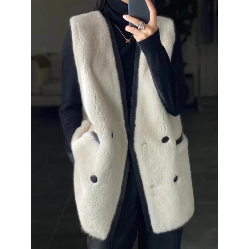 Autumn and Winter Women's Long Faux Mink Fur Vest with V-neckline and Splicing Faux Leather