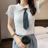 Summer Korean Style New Bow Doll Collar Knitted Short-sleeved T-shirt Women's Short Navel Top Ins Trend
