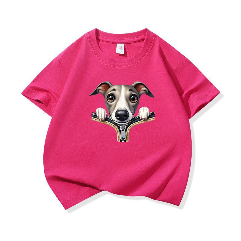Kids Cotton T Shirt Adorable Whippet Dog Zipper Print Crew Neck Short Sleeve Tee Casual Breathable Boys Girls Summer Tops