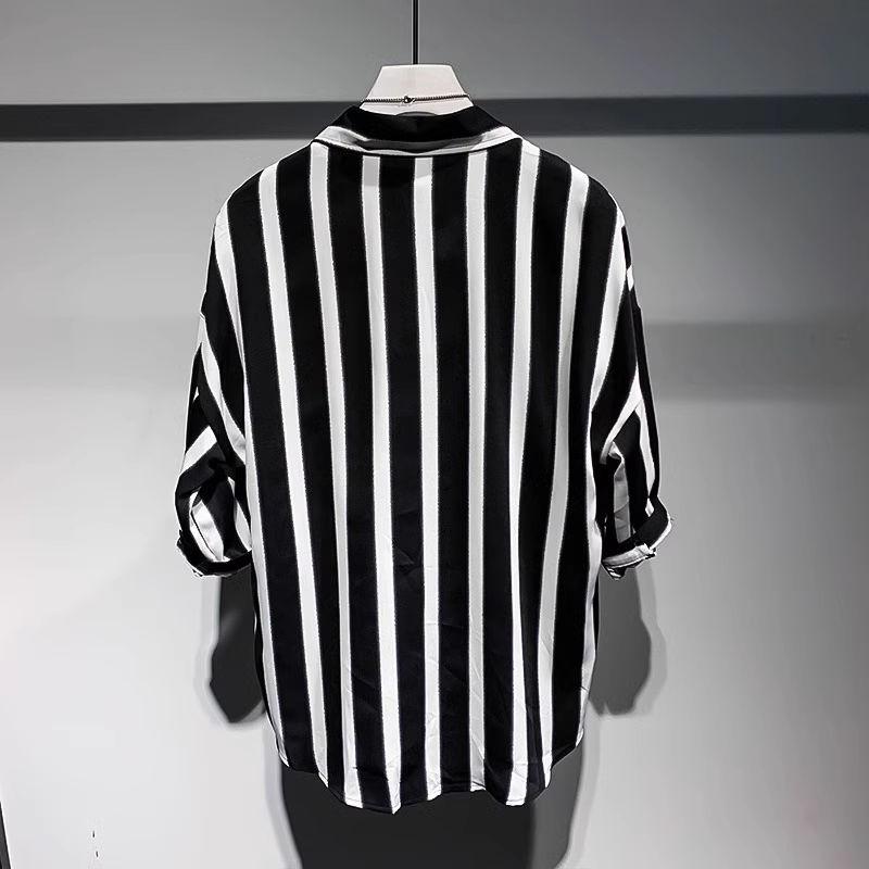 Japanese Retro Men's Black White Striped Five-point Sleeve Summer New Lapel Short-sleeved Shirt