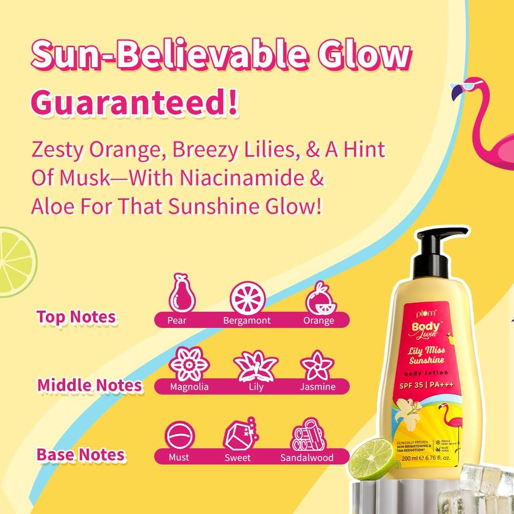 Plum BodyLovin Lily Miss Sunshine SPF 35 PA+++ Body Lotion No White Cast Long Lasting Hydration Fruity Floral 200 ml