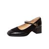 Sheepskin version~ retro leather one-word buckle Mary Jane shoes women's thick high-heeled square head shallow mouth splicing single shoes