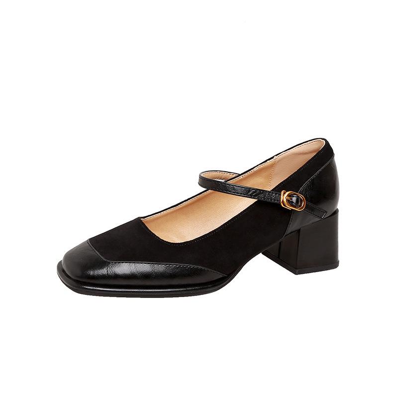 Sheepskin version~ retro leather one-word buckle Mary Jane shoes women's thick high-heeled square head shallow mouth splicing single shoes