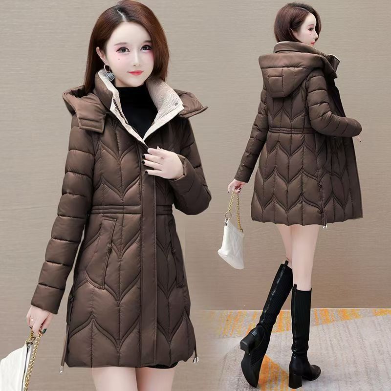 

Модная теплая хлопковая одежда средней и длинной длины, зимнее хлопковое пальто с длинным рукавом, капюшоном, водонепроницаемое, приталенного силуэта 3XL-117-65 kg темно-коричневого