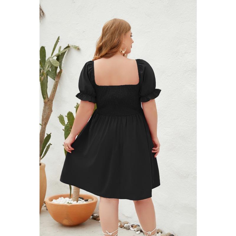 Plus Size Women's Plus Size Solid Color Casual Vacation Travel Square Neck Bubble Sleeve Dresses