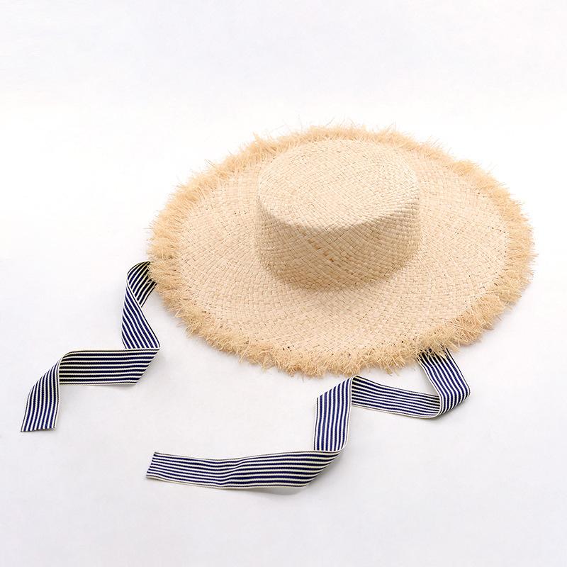 New Summer Women's Sunscreen Sunshade Raffia Edging Tie with Hat Outdoor Beach Travel Strap Flat Top Straw Hat