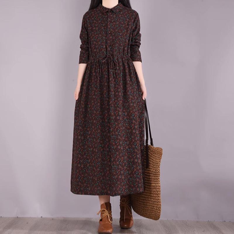 Spring and Autumn Retro Floral Cotton Linen A-Line Long Waist-Cinching Belted Long Sleeves Turn-down Collar Large Size Women's Dress