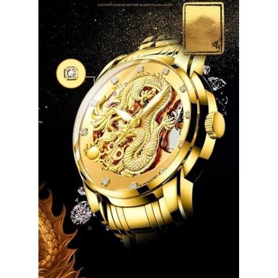 CARLIEN Mens Dragon Collection Limited Luxury Sculpted Dial Golden Automatic Waterproof Watch (Gold)