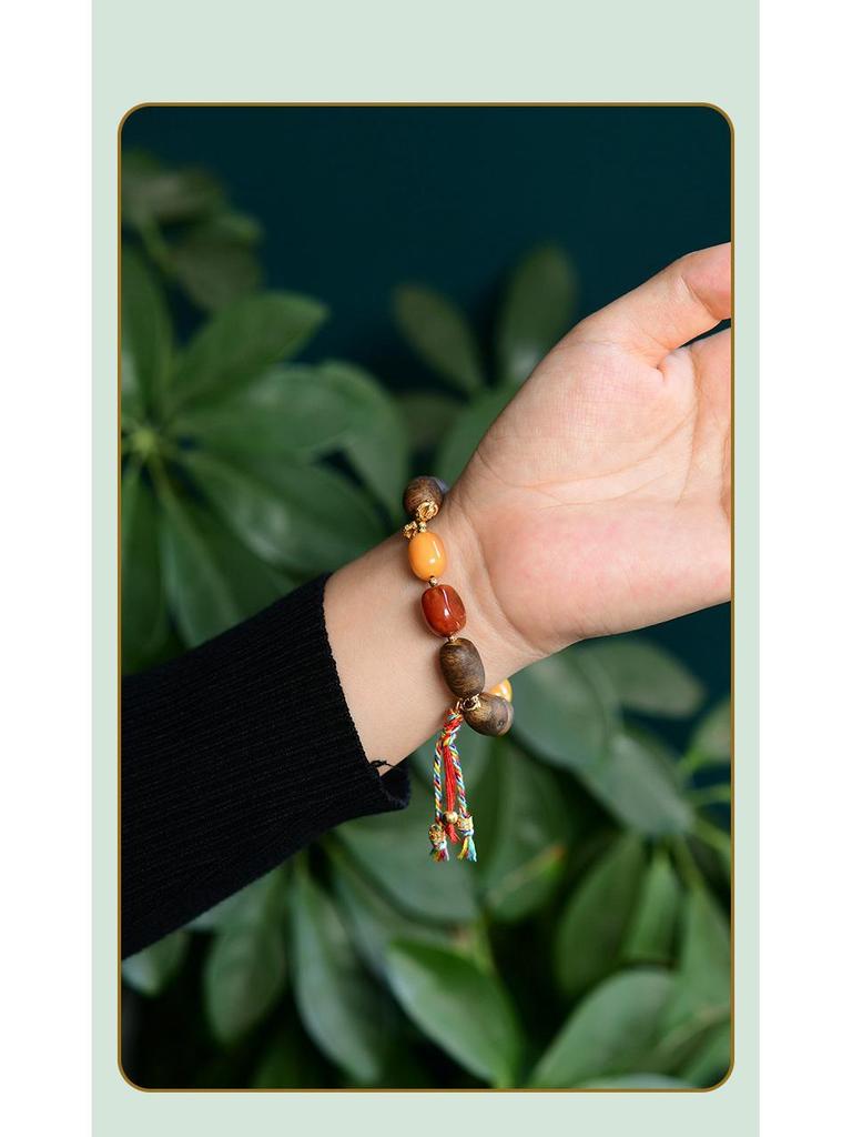 Natural Agarwood, Qinan, Nanhong Agate, Amber, and 925 Silver Vajra Bracelet (No Oil Injection)