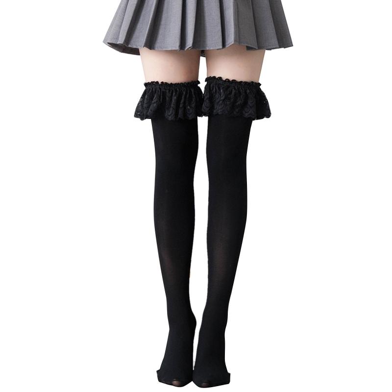 Sexy Solid Color Over The Knee Long Socks Women Thigh High Stockings Japanese Lolita Ruffles Lace Anime Cosplay Hosiery