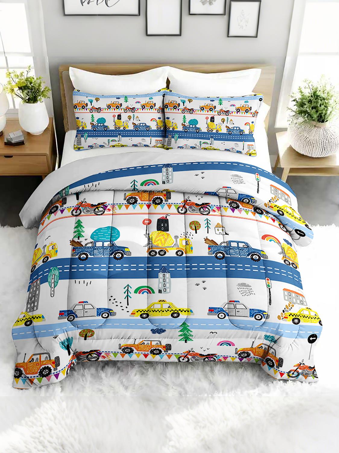 3PC Cartoon Car Transportation Vehicles Bedding Set with Duvet And 2 Pillowcases Road Cars Theme for Bedroom 240x220cm