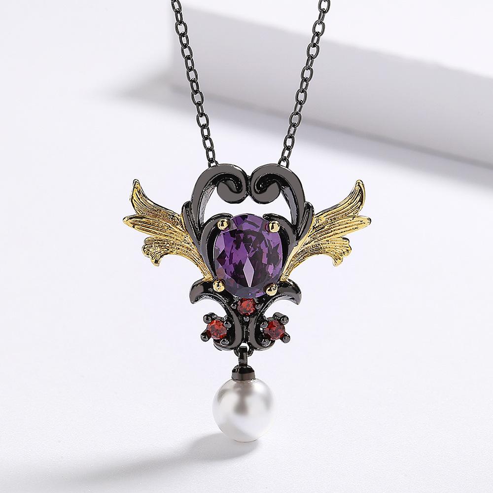 Pearl Pendant Female Elegance Zircon Jewelry Inlaid Sweater Chain Black Gold Love Necklace High Quality Two-Color Purple