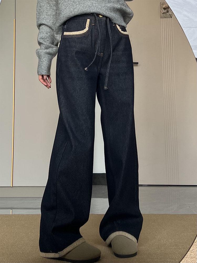 Women's Plus Size Dark Blue Fleece-Lined High Waist Straight Leg Jeans - Winter New Arrivals