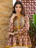 Brown Handblock Printed A-Line Peplum Top with Tie-Up Detail