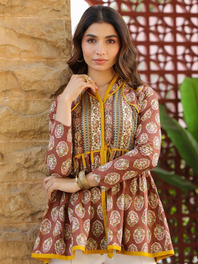 Brown Handblock Printed A-Line Peplum Top with Tie-Up Detail