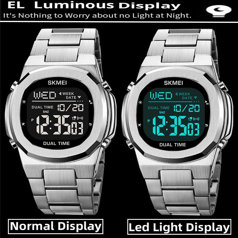 Skmei Steel Strap Mens LED Digital Watches Original Brand Waterproof Sports Wristwatch Fashion Multifunctional Dual Time