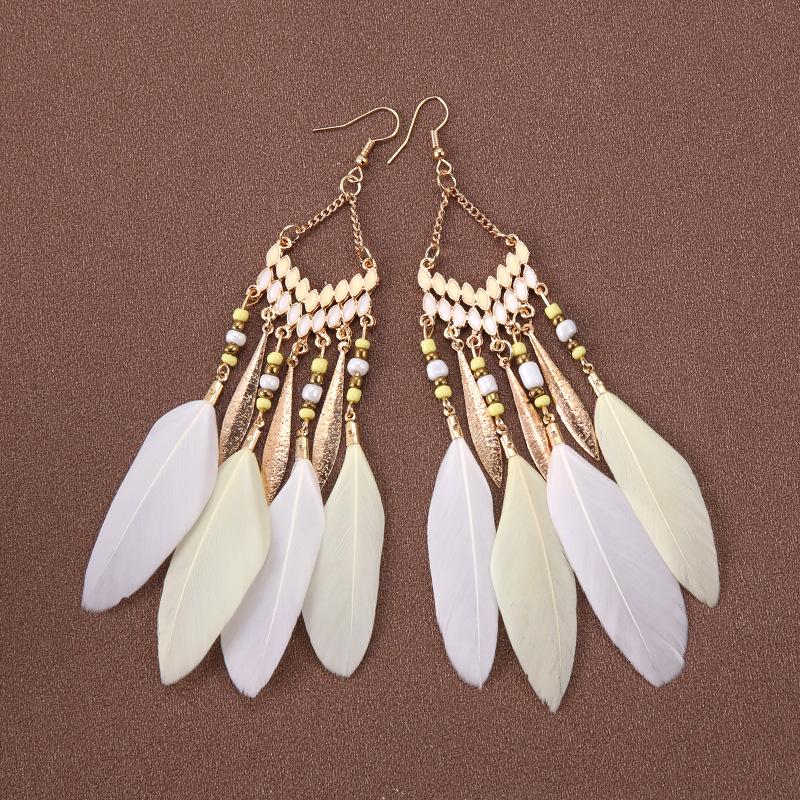 Bohemian Feather Earrings for Women, Face-Slimming Ethnic Style, Long Travel & Holiday Accessory