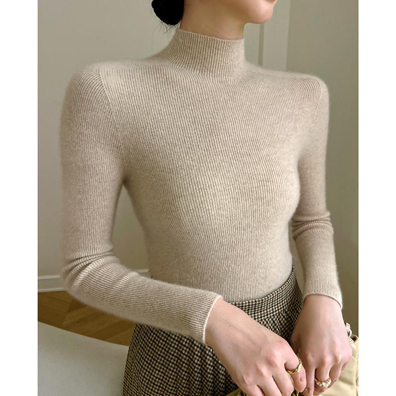Women's Autumn/Winter Pure Cashmere Striped Slim-Fit Sweater with Half-High Neck