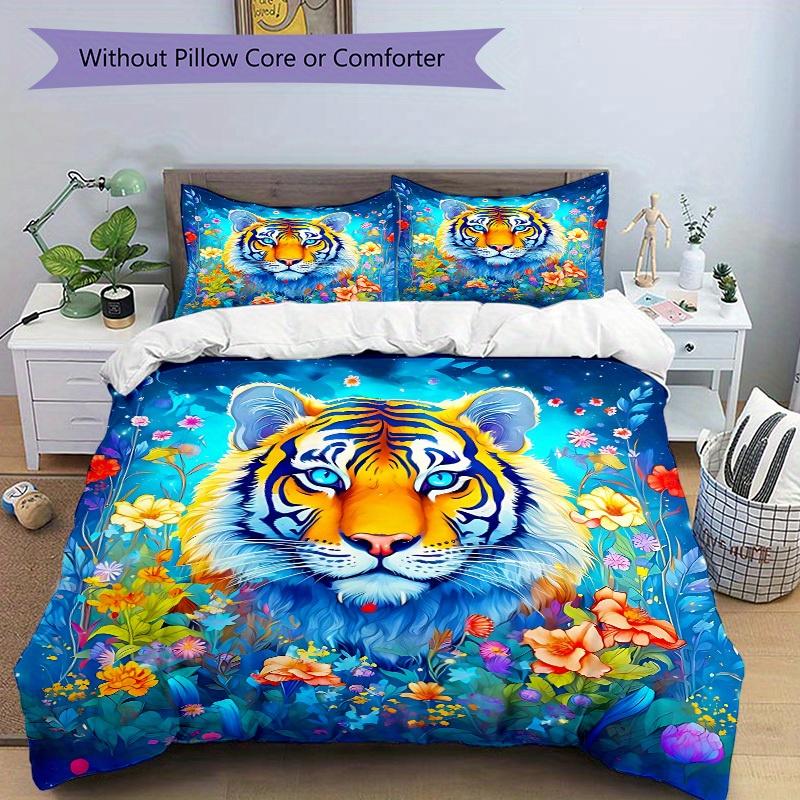 3pcs Tiger Flowers Soft Comfortable Bedding Set, For Bedroom, Guest Room And Dorm, All - Season Use, High-Definition Printing189