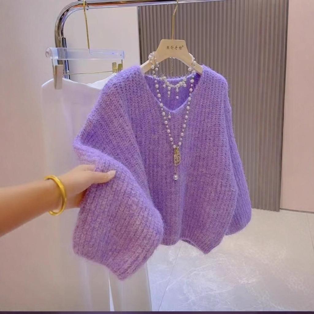 Autumn and Winter  V-neck Knitted Sweater Korean Loose Thick Long Sleeved Sweater for Women Design Sense