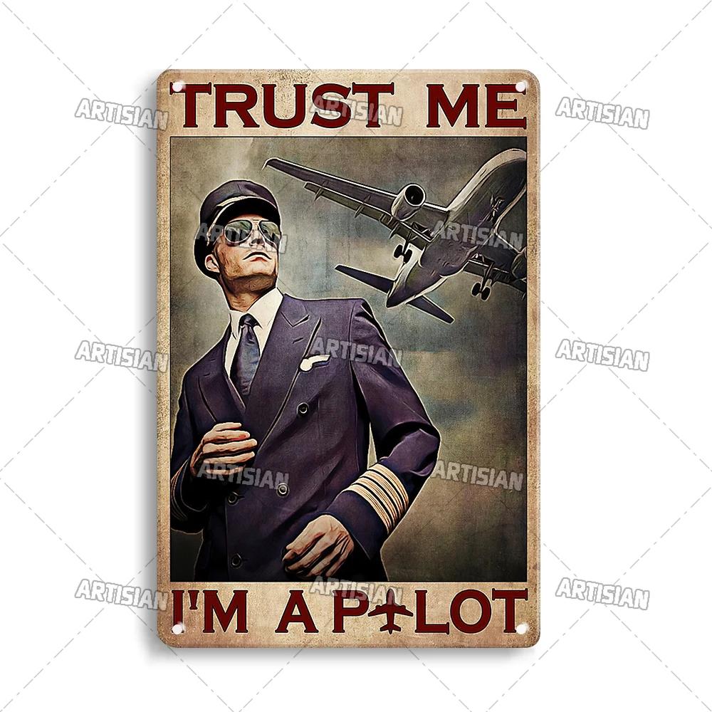 ARTISIAN Male Pilot And Airplane Decorative Plate Vintage Metal Poster Man Cave Home Wall Decor Sign Retro Wall Metal Tin Sign
