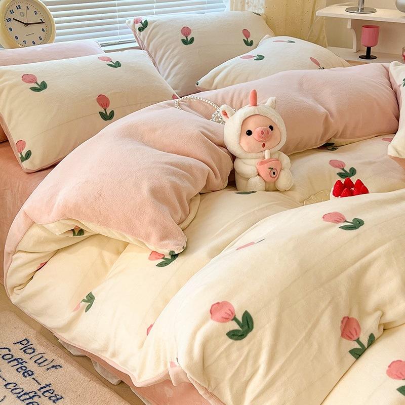 Winter Thickened Milk Velvet Four-piece Set Plus Velvet Warm Coral Velvet Quilt Cover Flannel Sheet Quilt Cover Bedding