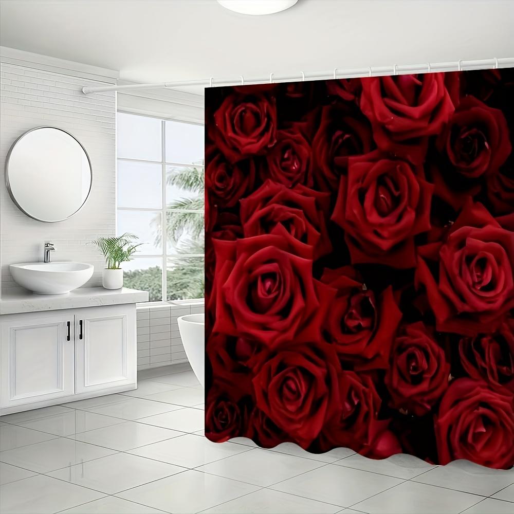 4Pcs Bathroom Shower Curtain Set  Red Rose Bathroom Curtain With 12 Hooks Non Slip Rugs Toilet Cover Mat Bathroom Partition