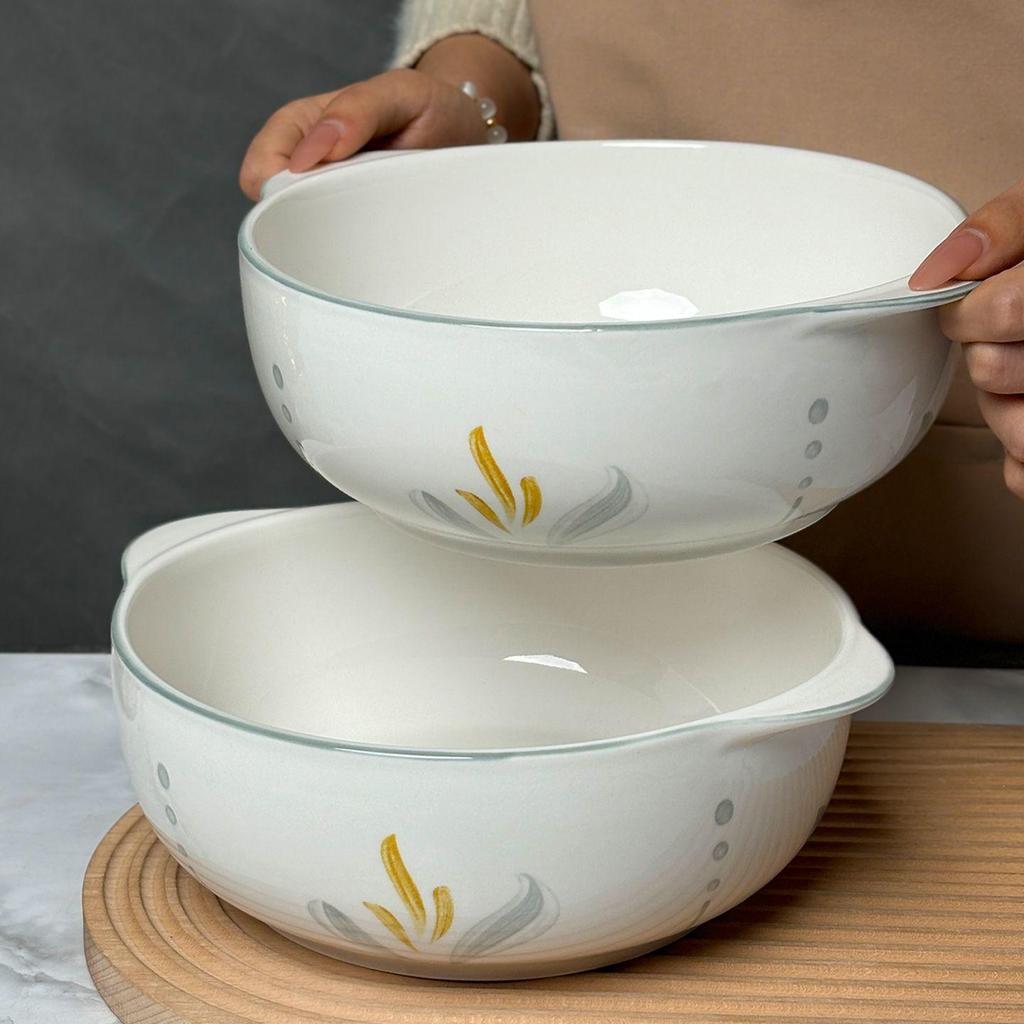 Silver 10-Inch Ceramic Soup Bowl with Handles: Durable, High-Temperature Resistant, Underglaze Design for Home Use.