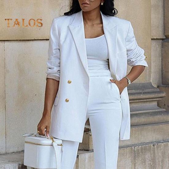 2 ks/sada Dámské Kabát Kalhoty Set Klopa Dvouřadý Kardigan Střední Délka Sako s dlouhým rukávem Široká noha Vysoký pas Rovné kalhoty Dáma Formální Dojíždění