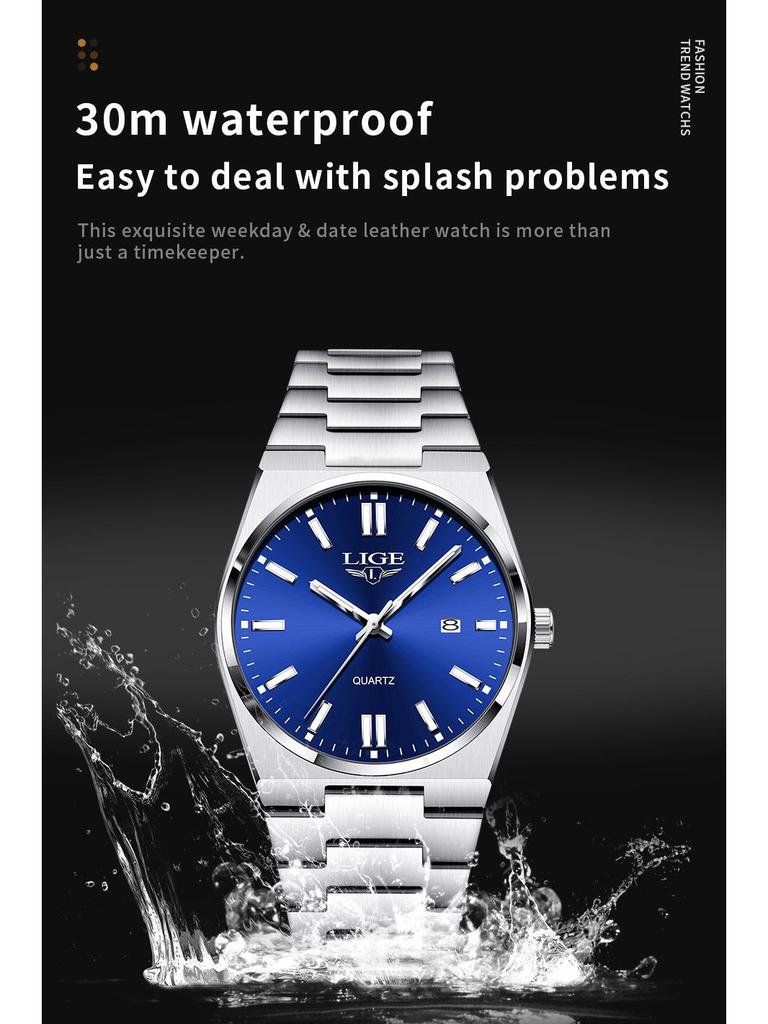 LIGE Waterproof Luminous Men's Quartz Multifunctional Business Watch with Calendar
