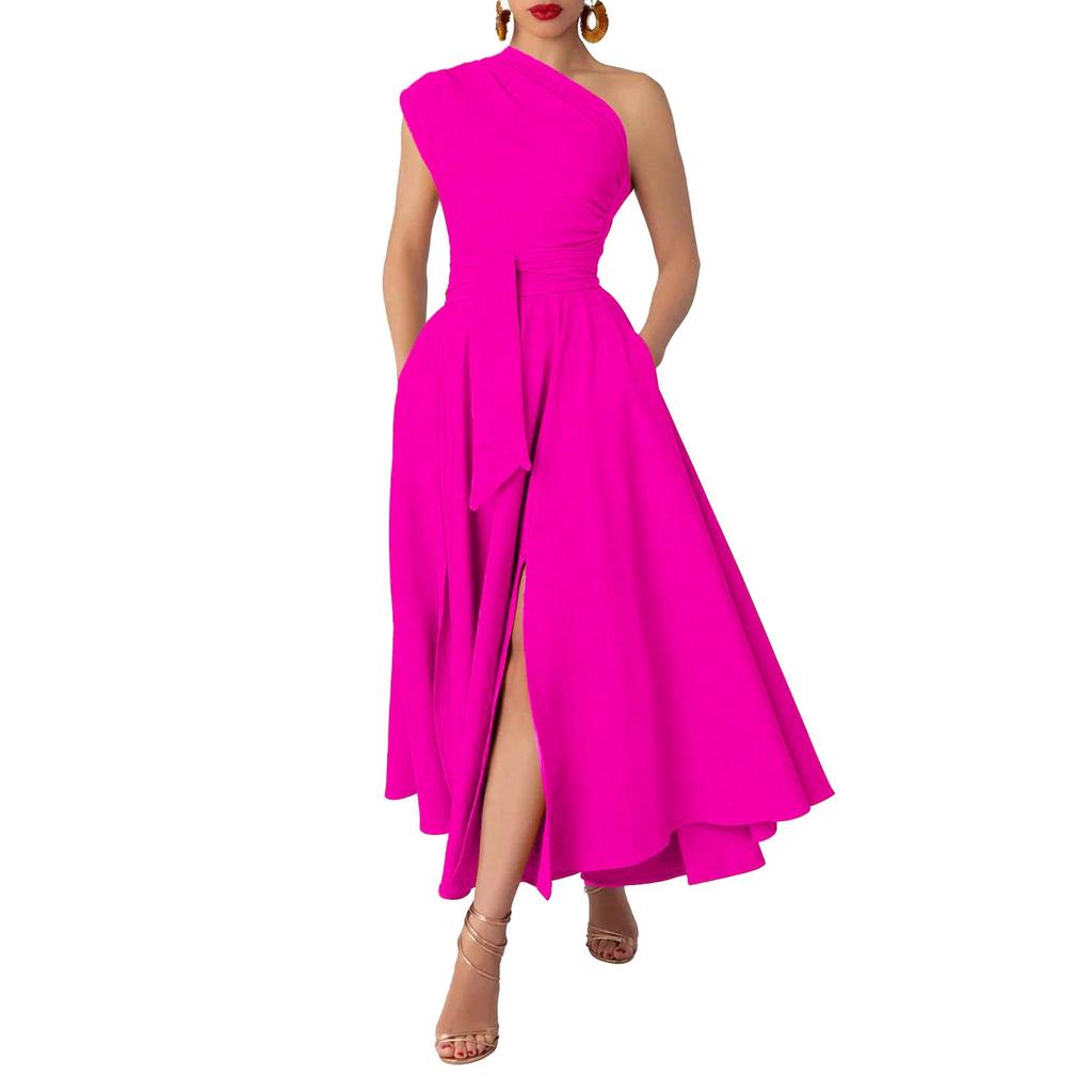 Summer Style Women's Sleeveless One-Shoulder Dress with Cinched Waist and Wide Hem
