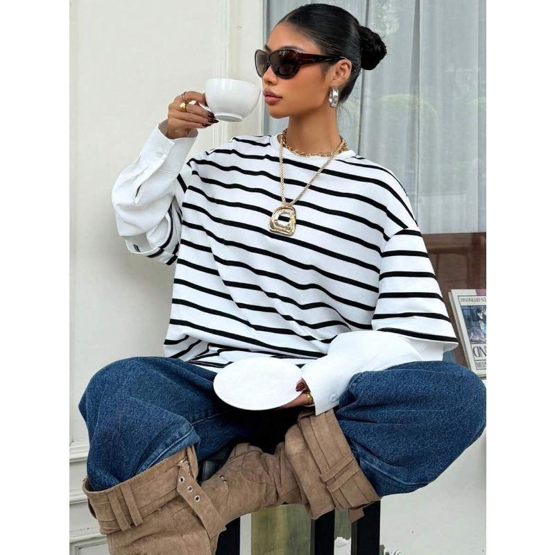 Women Striped Crew Neck Fake Two Piece Loose Long Sleeve Casual Sweatshirt