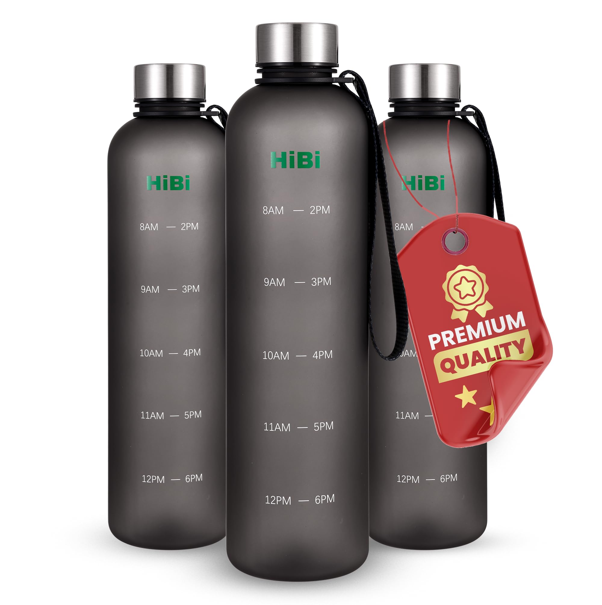 

HiBi 1L Water Bottle with Measuring Capacity, BPA-Free, Heat-Resistant (100°C), Stylish, Lightweight, Tritan, Black