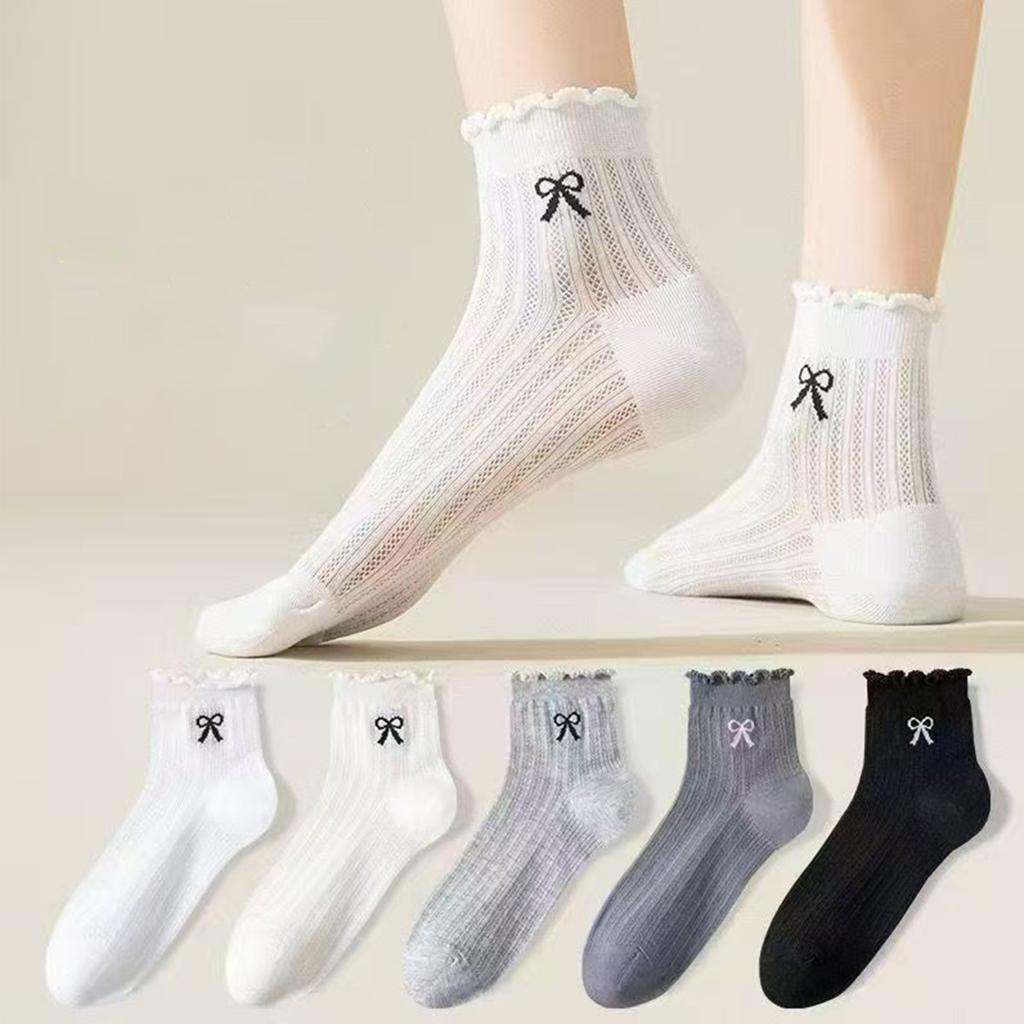 Women’s Lightweight Mesh Ankle Socks Breathable Lace Trim Crew Socks with Bow Embroidery and Hollow Out Design for Everyday Wear