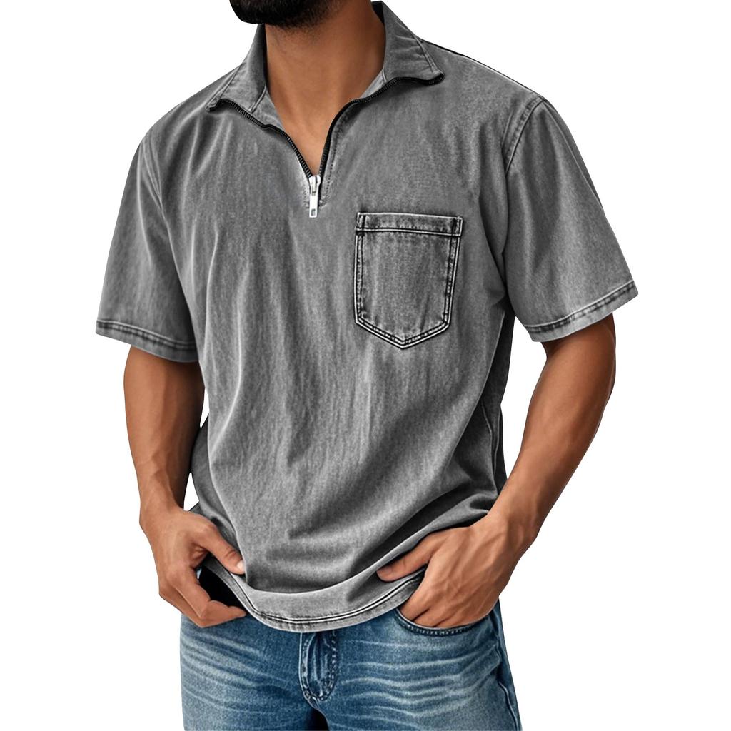 Men's Summer Color Vintage Zipper Pocket Lapel Short Sleeve Shirt Tops