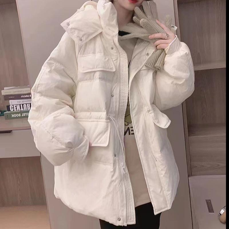 Hooded tooling down jacket women's short 2024 winter new waist loose fashion white duck down jacket large size tide
